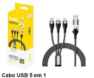 Cabo USB 5 em 1 • 5 em 1 (Usb C+ USB A - Lightning/USB-C/Micro USB) • Voltagem:2.4A •Comprimento:1.2M BM8653