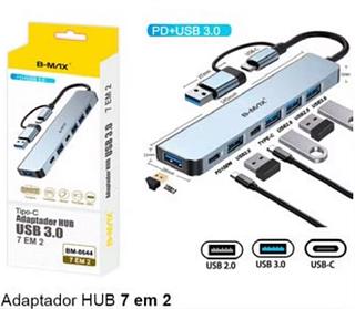 Adaptador HUB 7 em 2 • Especificação: 1xUSB 3.0 e 4xUSB 2.0 e MicroSD e PD100W e USB-C e Type- C • Dimensões do Hub :138 X28 X 10CX BM8644