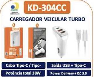 CARREGADOR VEICULAR TURBO Cabo Tipo-C / Tipo-C Potência total 38W KD304CC