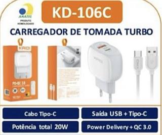 CARREGADOR DE TOMADA TURBO USB + Tipo-C KD106TC