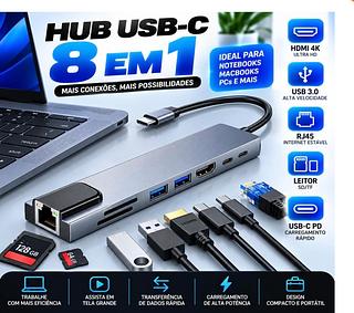 Adaptador Hub USB Tipo-C 8 em 1 HDMI 4K, RJ45, USB 3.0
