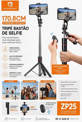 TRIPÉ BASTÃO DE SELFIE 1.7M com Bluetooth ZP25