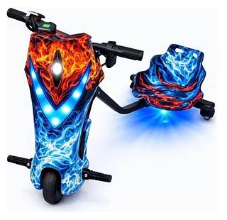 Triciclo elétrico infantil de 6,5 polegadas e 300W com luzes LED, Bluetooth, 3 velocidades e equipamentos de proteção (capacete, joelheiras e cotoveleiras)