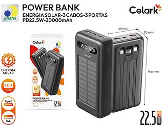 POWER BANK ENERGIA SOLAR-3 CABOS-3 PORTAS PD22.5W-20000mAh Celark CEE1148